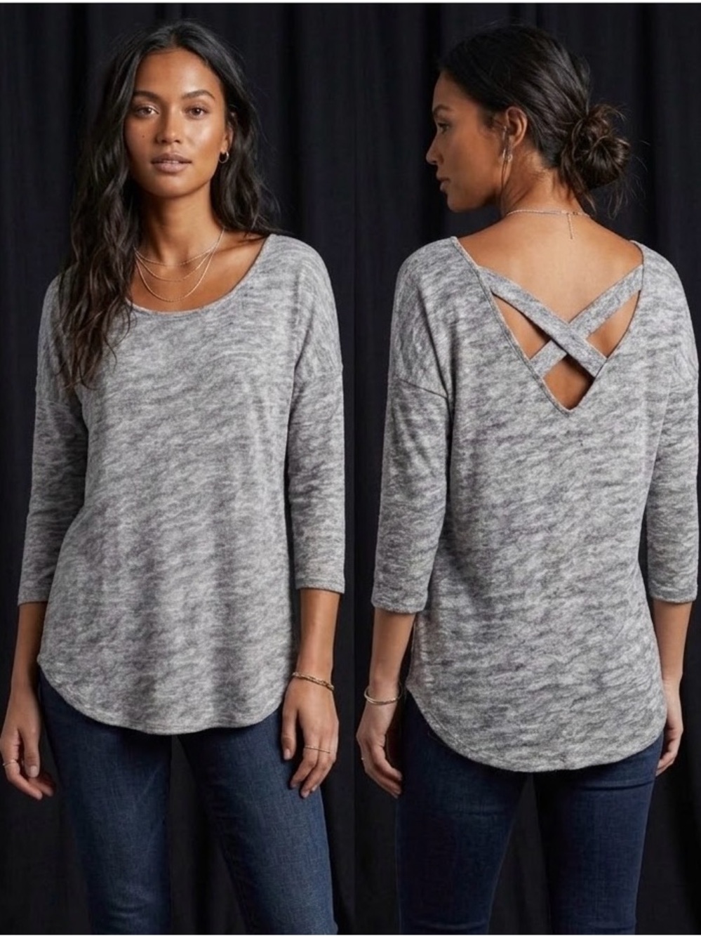 bobeau Heather Grey Scoop Neck 3/4 Sleeve Top